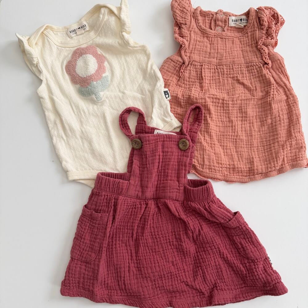3x Rabbit + Bear tank top, flower onesie, skirtall skirt red white coral